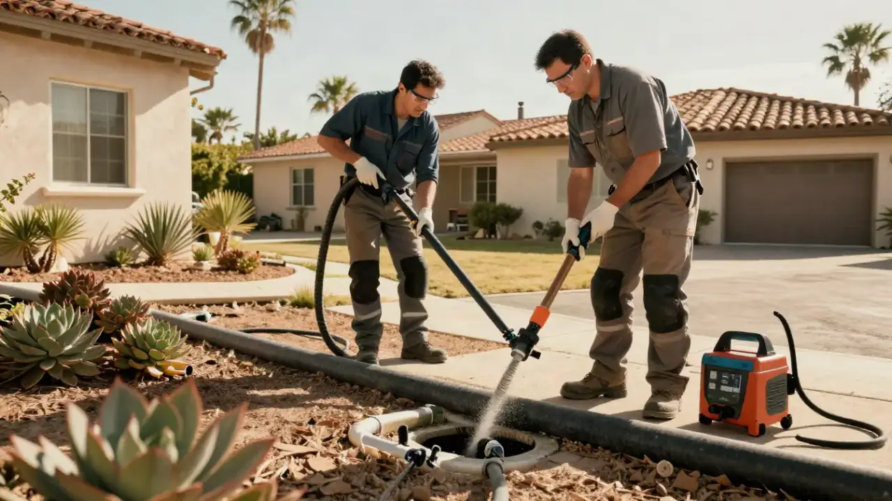 Drain Cleaning in Lake Forest, California: Two drain cleaning technicians collaborating on a main line job, one feeding the