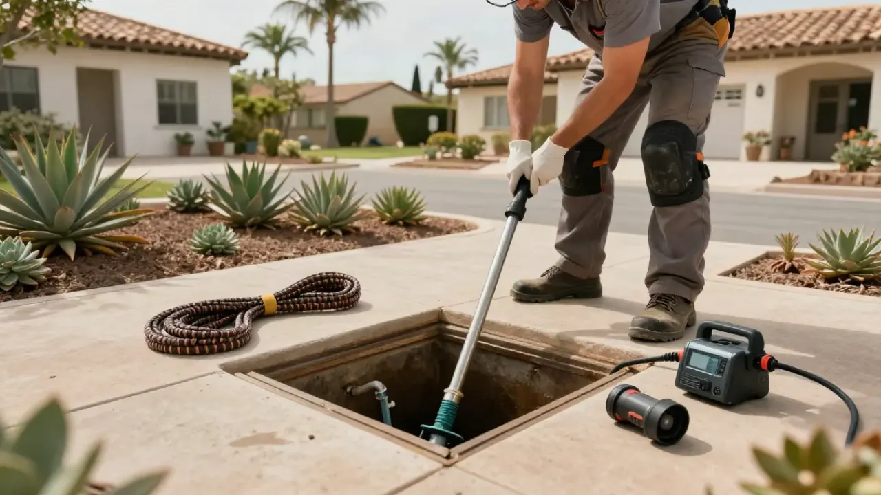 Drain Cleaning in Lake Forest, California: high-angle shot looking down into an open outdoor sewer cleanout, showing the