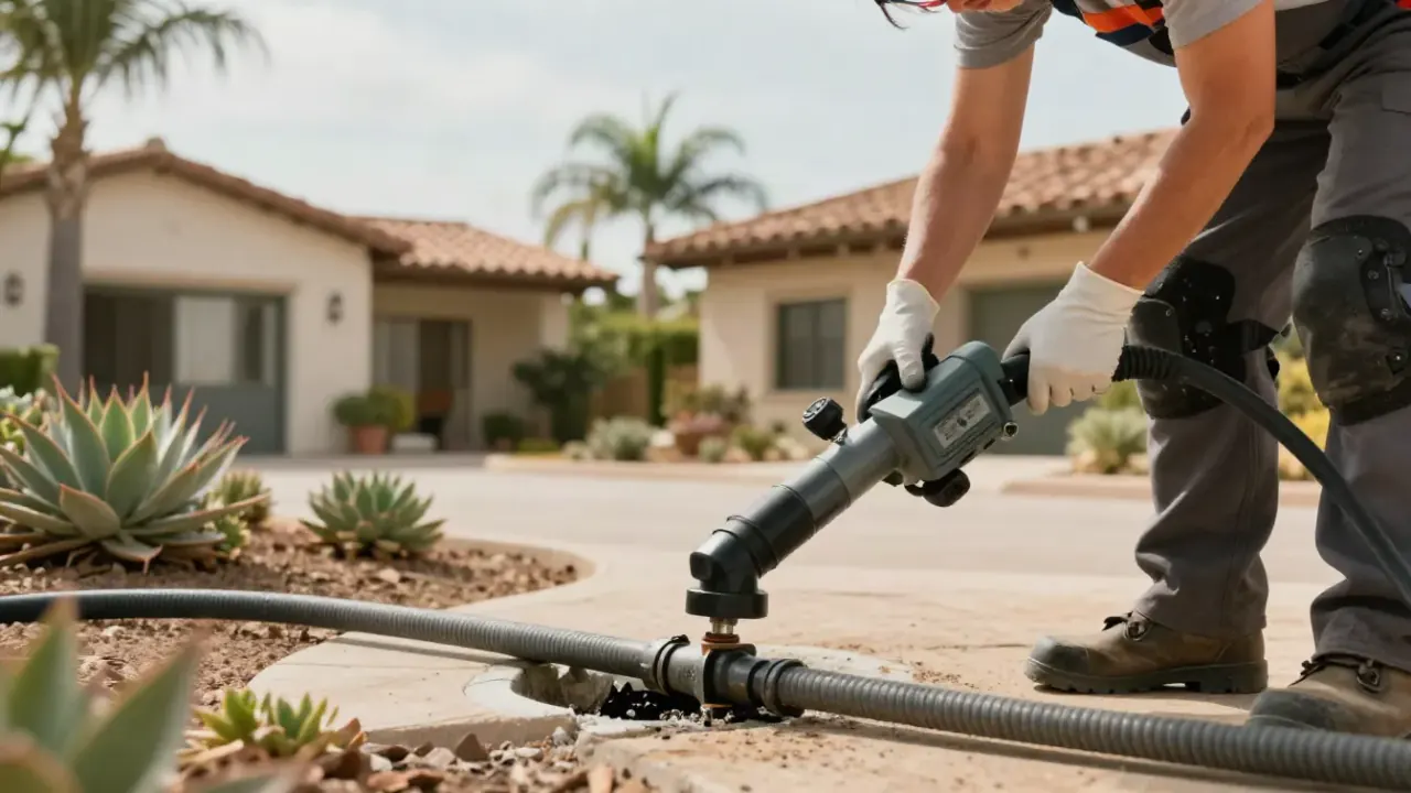 Drain Cleaning in Lake Forest, California: close-up of a drain cleaning technician's gloved hands expertly attaching a