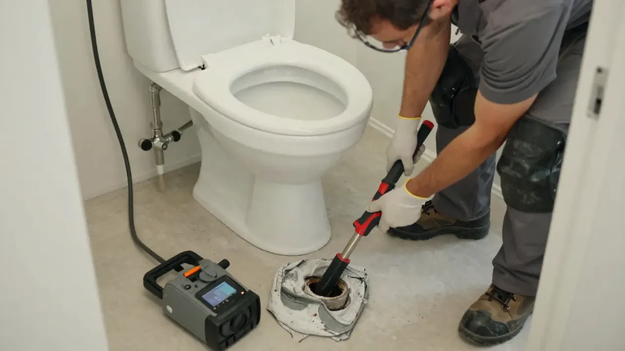 Drain Cleaning in Lake Forest, California: drain cleaning technician wiping down the floor around a re-sealed toilet after