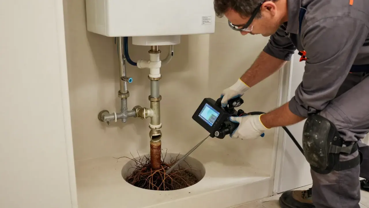 Tree Root Removal from Drain Lines in Lake Forest, California: drain cleaning technician using a video camera to confirm the